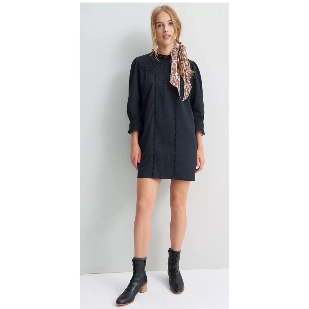 Farm Rio for Anthropologie Dasha Tunic Dress Black Lace Pintuck Mini Women Large